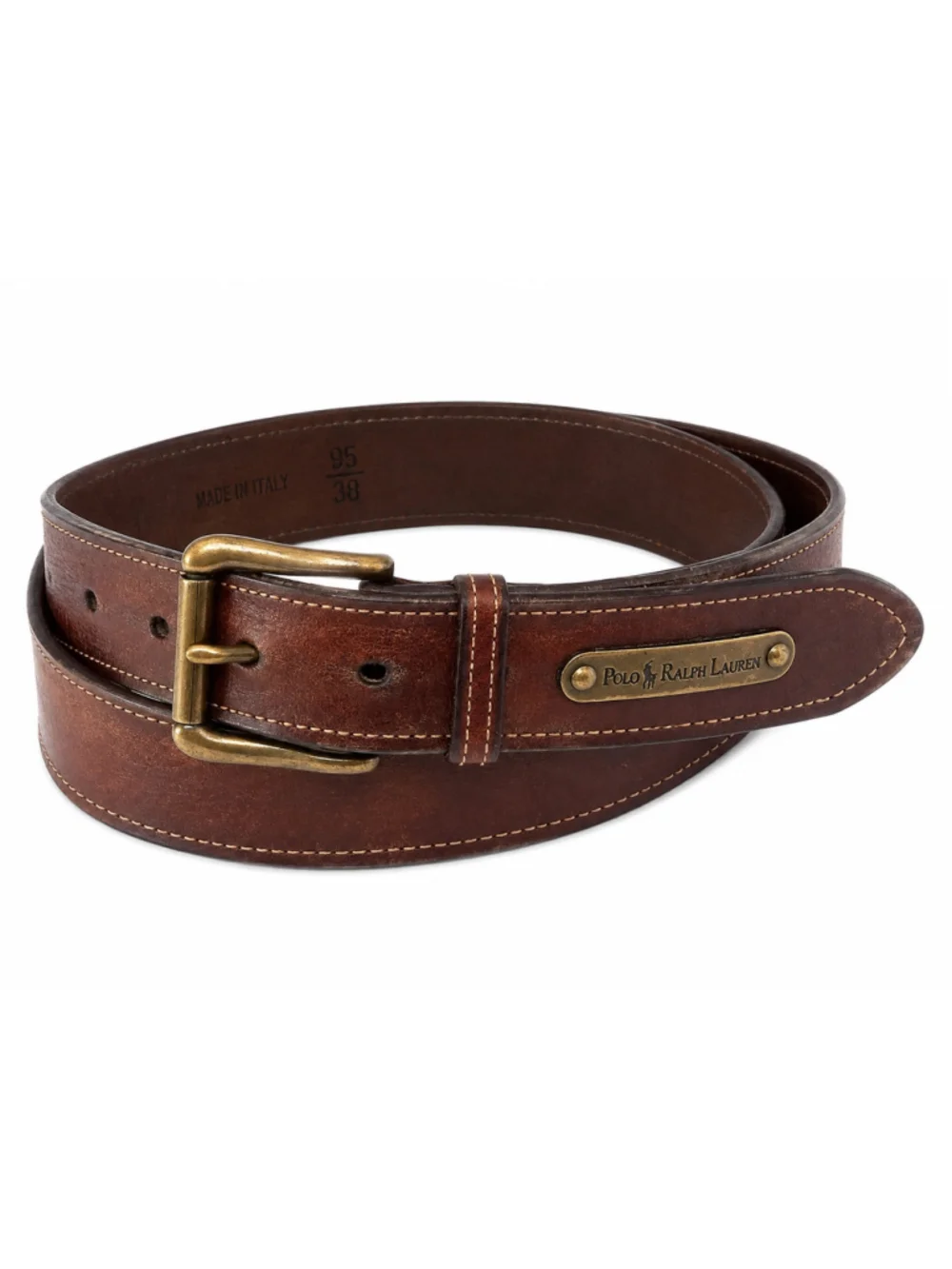 Polo Ralph Lauren Brown Leather Belt Brass Buckle Sz 95/38 Made in Italy Vintage